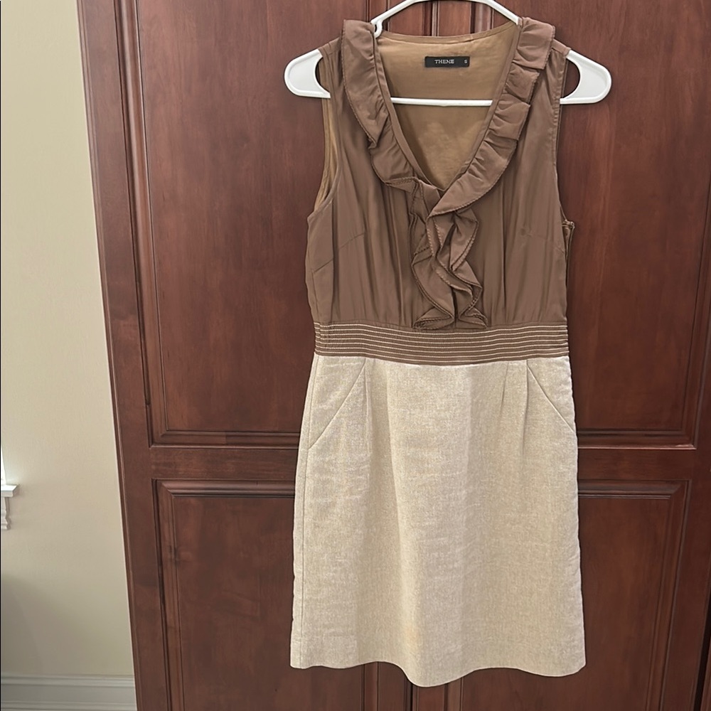 Brown and Cream Ruffle Dress with Pockets